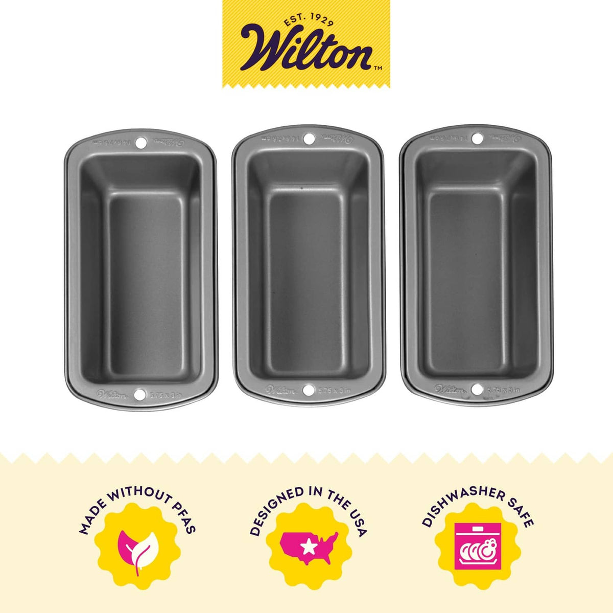 Set of 3 Wilton mini loaf pans, dark gray with smooth non-stick baking surfaces