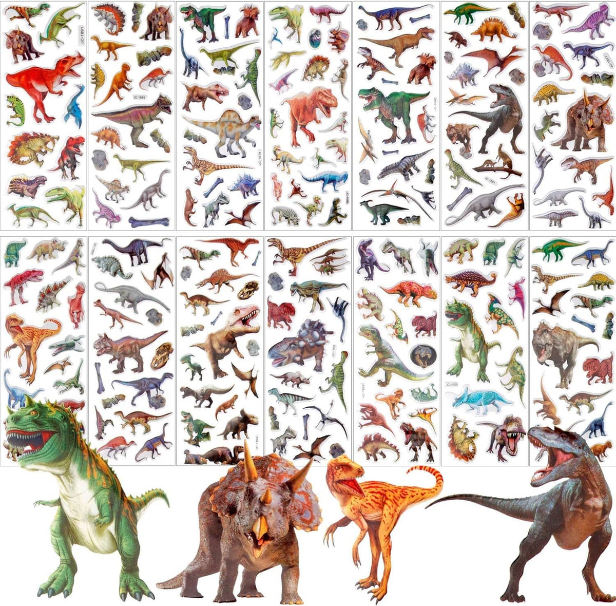 Kids dinosaur sticker sheets with colorful 3D puffy dinosaurs on white backing