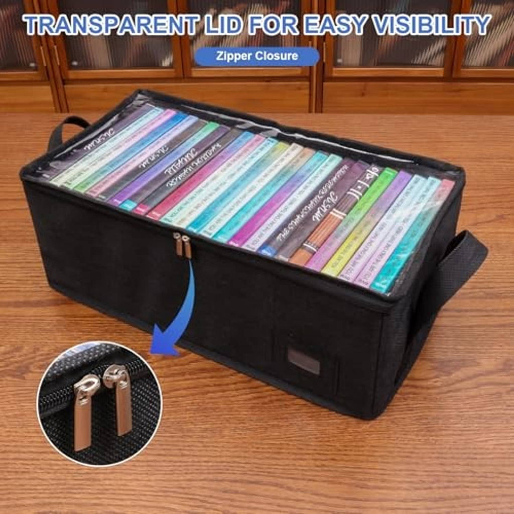 Black DVD storage case with transparent lid, zipper closure, and reinforced side handles