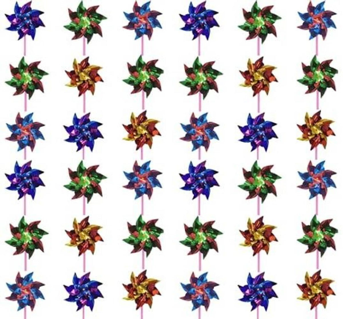 Kids plastic pinwheels on pink sticks, multicolor pinwheel flowers in a grid
