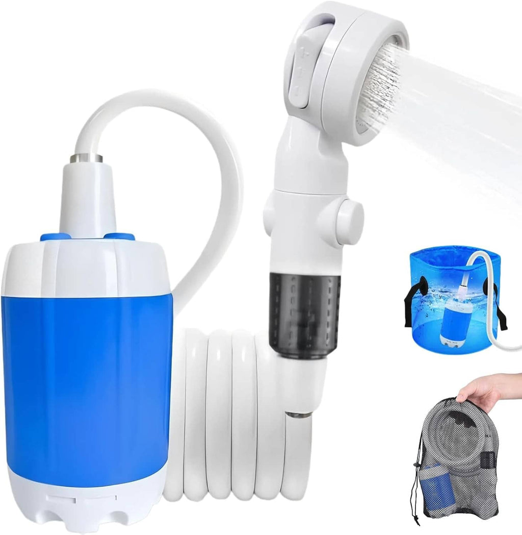 Portable camping shower pump kit with blue water tank, white hose, and showerhead