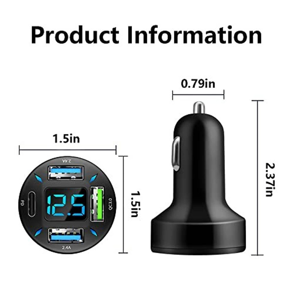 Black USB car charger with blue voltmeter display, 4 ports, including Type-C