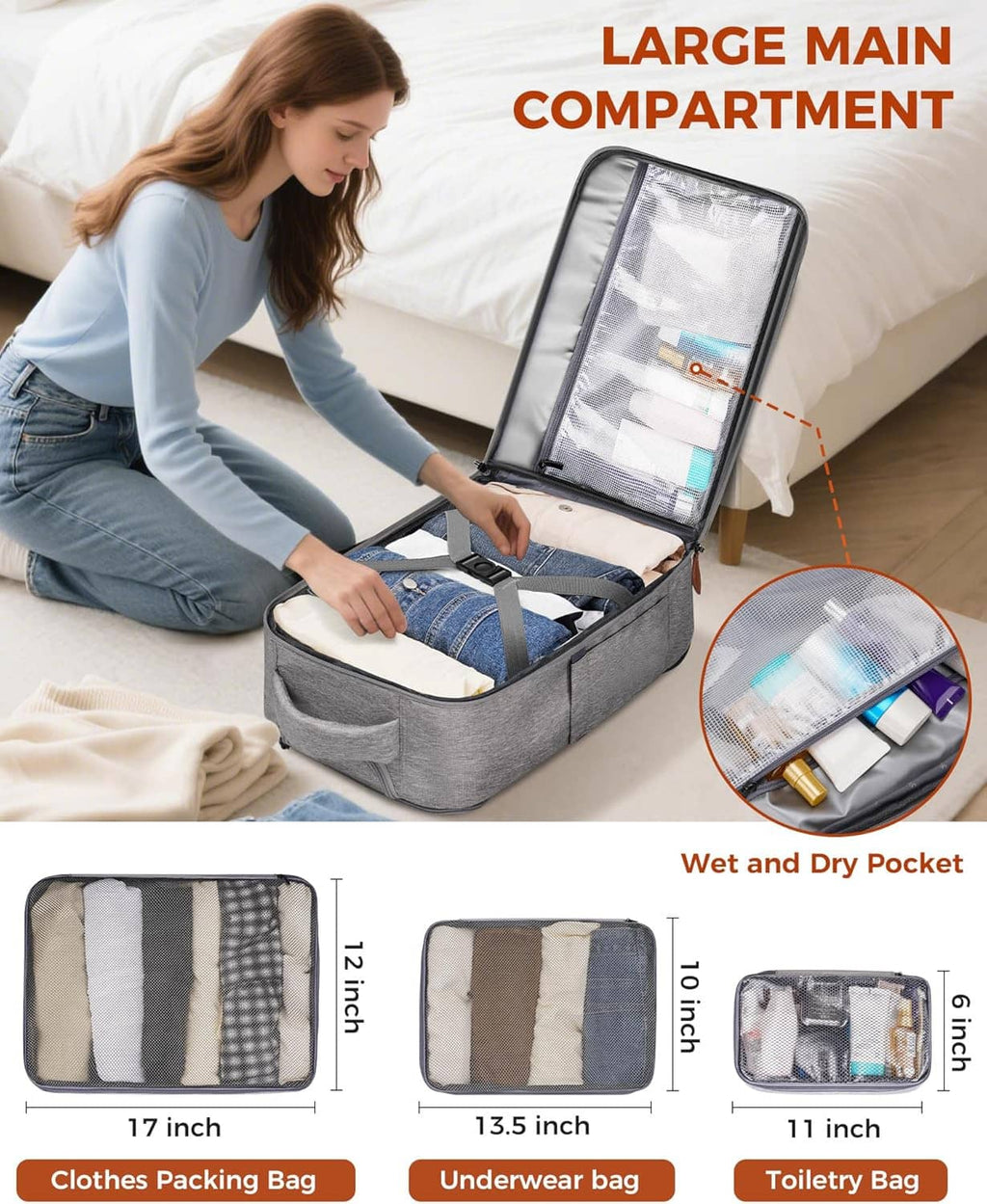 Gray expandable travel backpack opened to main compartment with wet and dry pocket shown