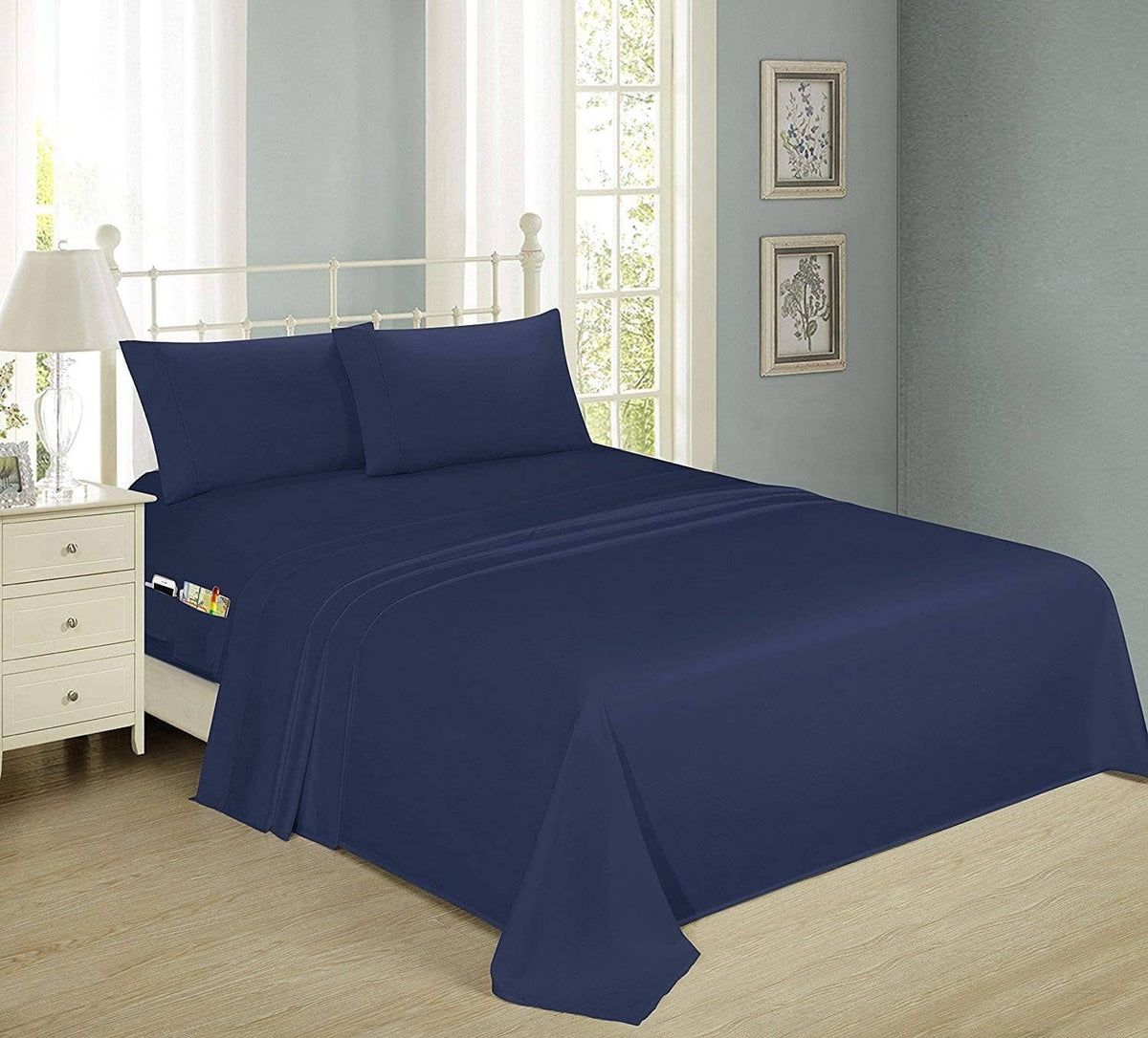 Navy queen brushed microfiber sheet set, ultra-soft bedding with pillowcases and fitted sheet.