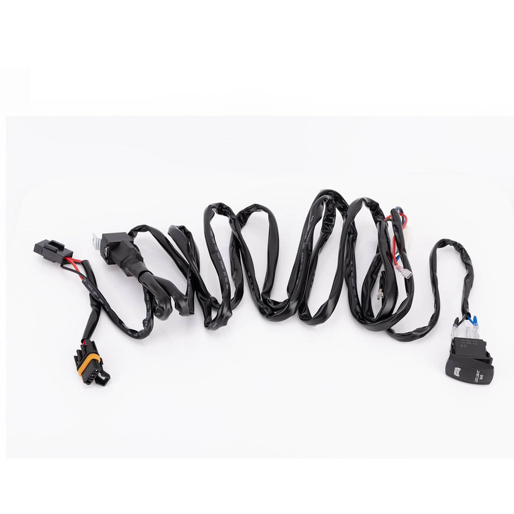 LED light bar wiring harness with multiple black wire connectors and plug ends