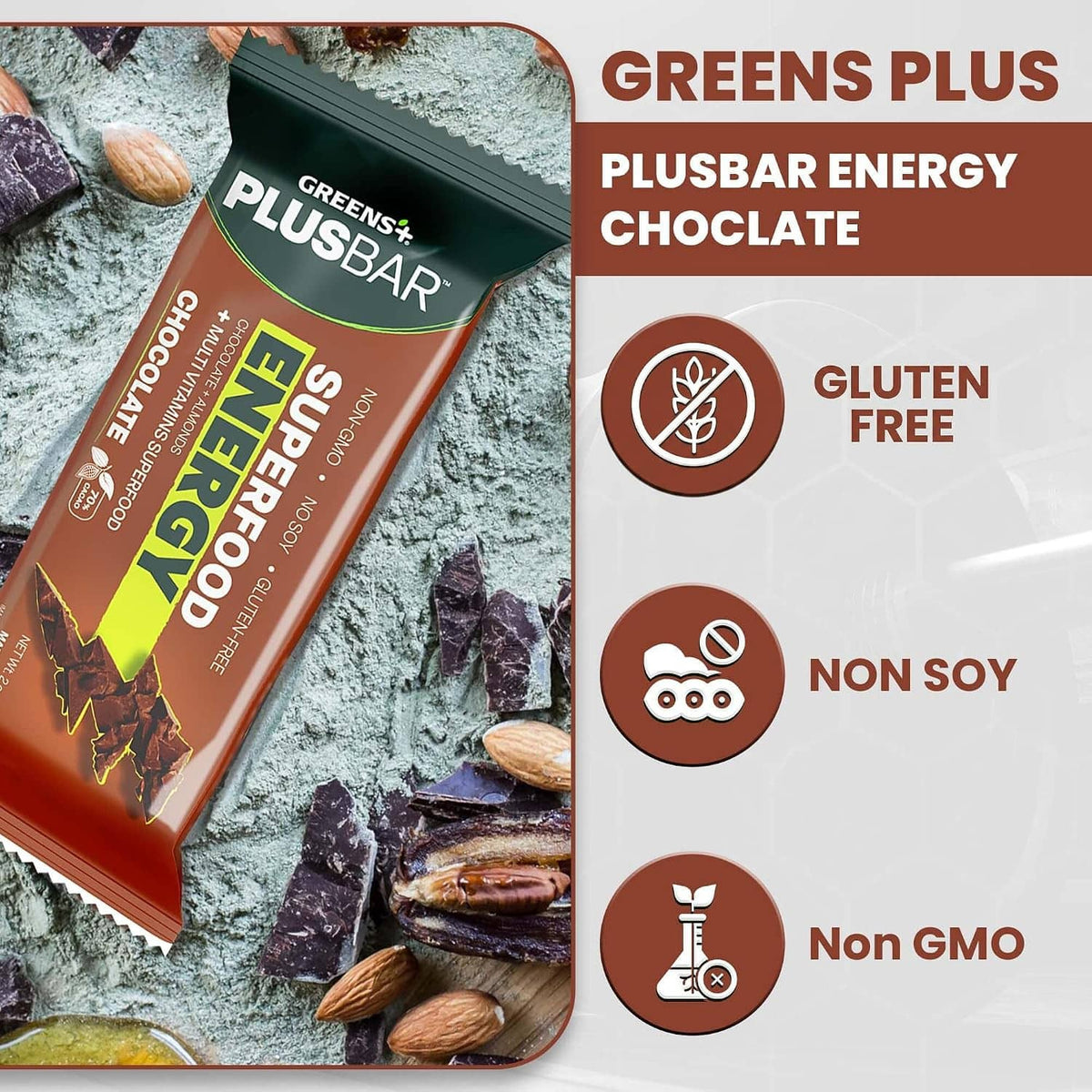 Plusbar Energy Chocolate bar wrapper on textured surface, with gluten-free icon panel.