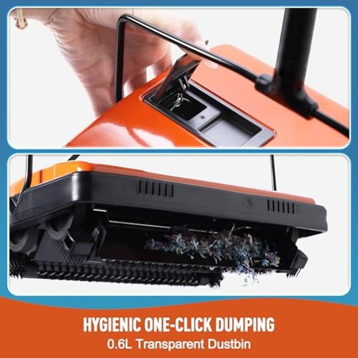 Orange carpet sweeper close-up with open dustbin for one-click dumping