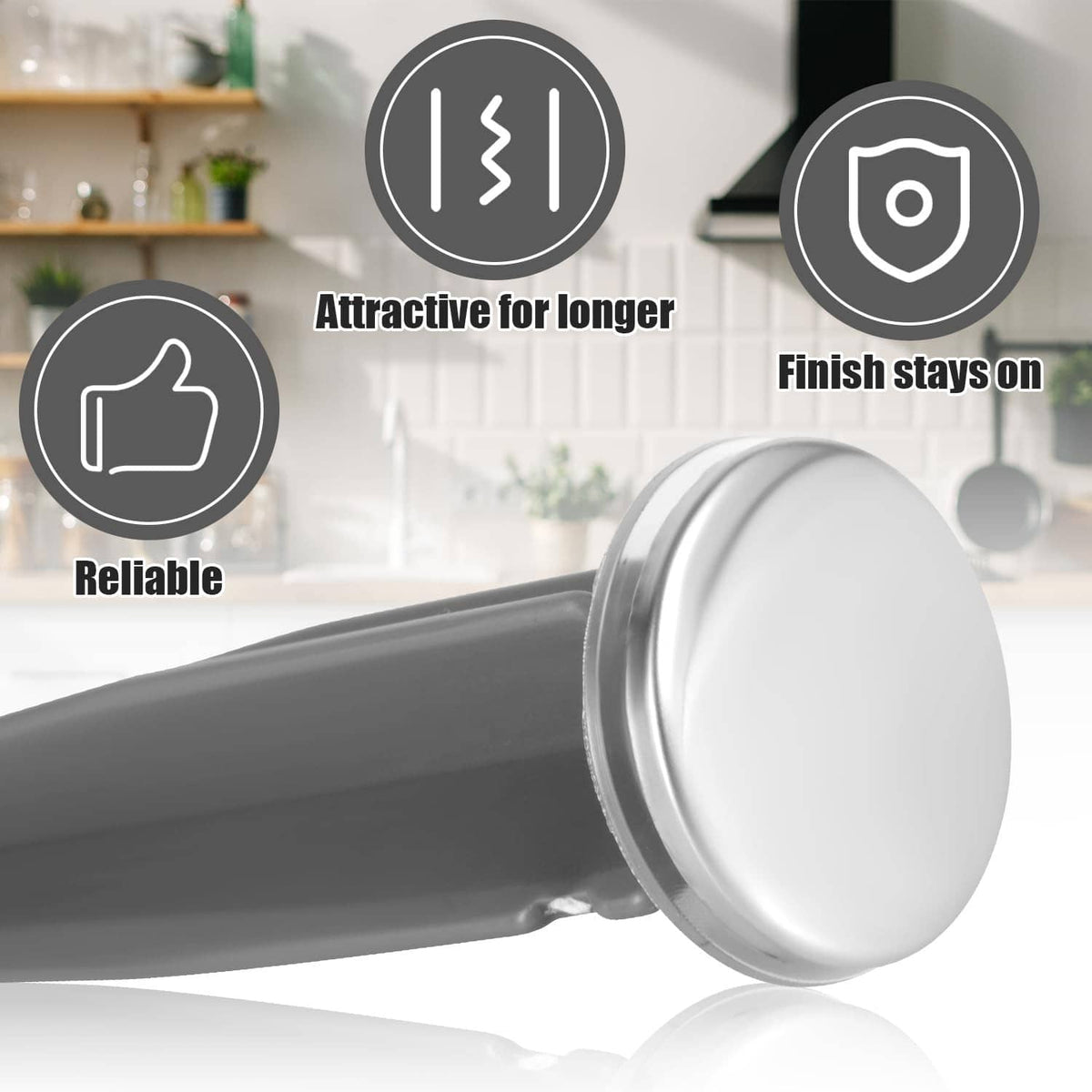 Grey pop-up sink stopper cap with chrome-toned rim on the end of the drain lever
