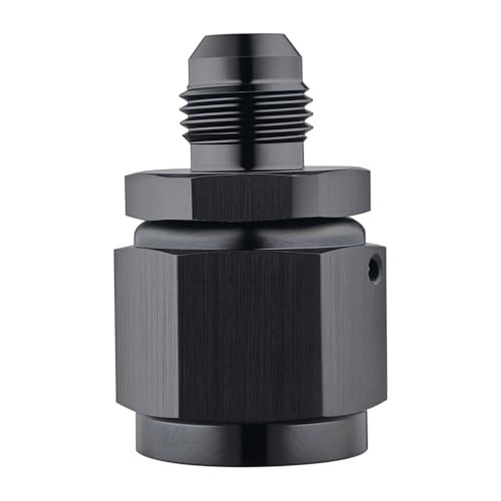 Black anodized aluminum flare adapter fitting with hex body and male thread end