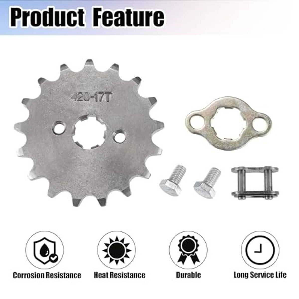 Motorcycle front sprocket kit: sprocket, retainer plate, spacer, and two mounting screws