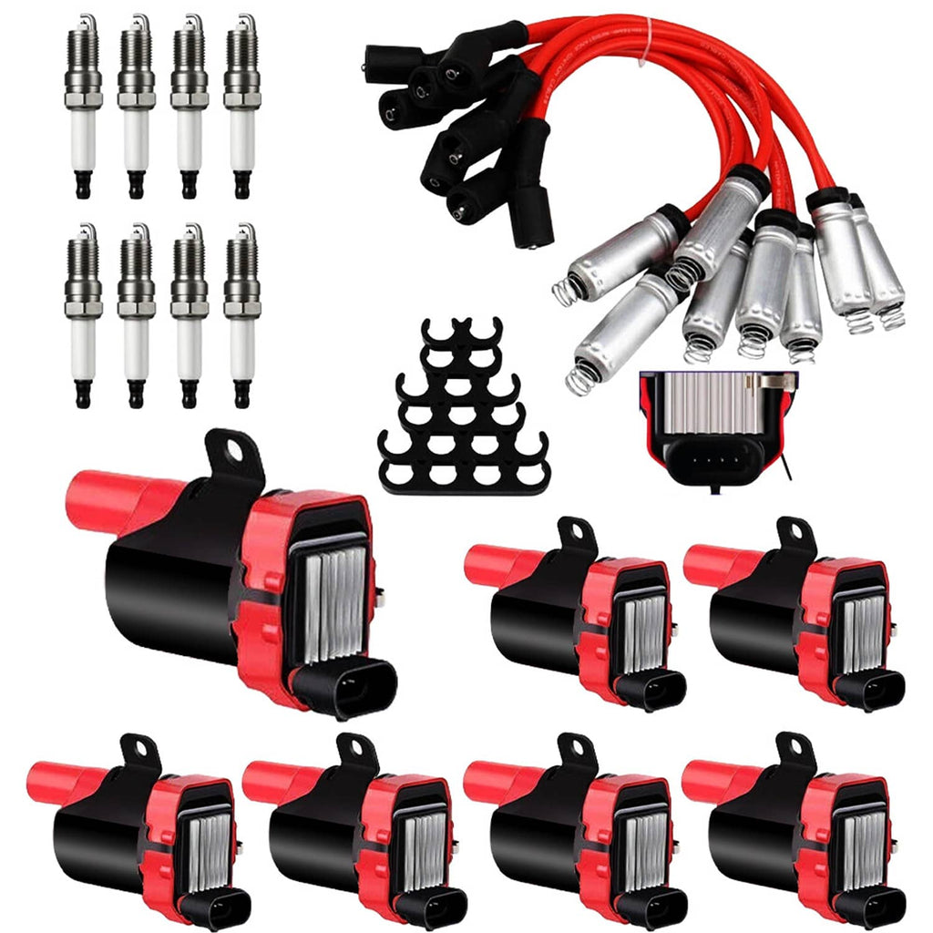 Ignition coil set: eight red and black round coils with spark plug wire boots