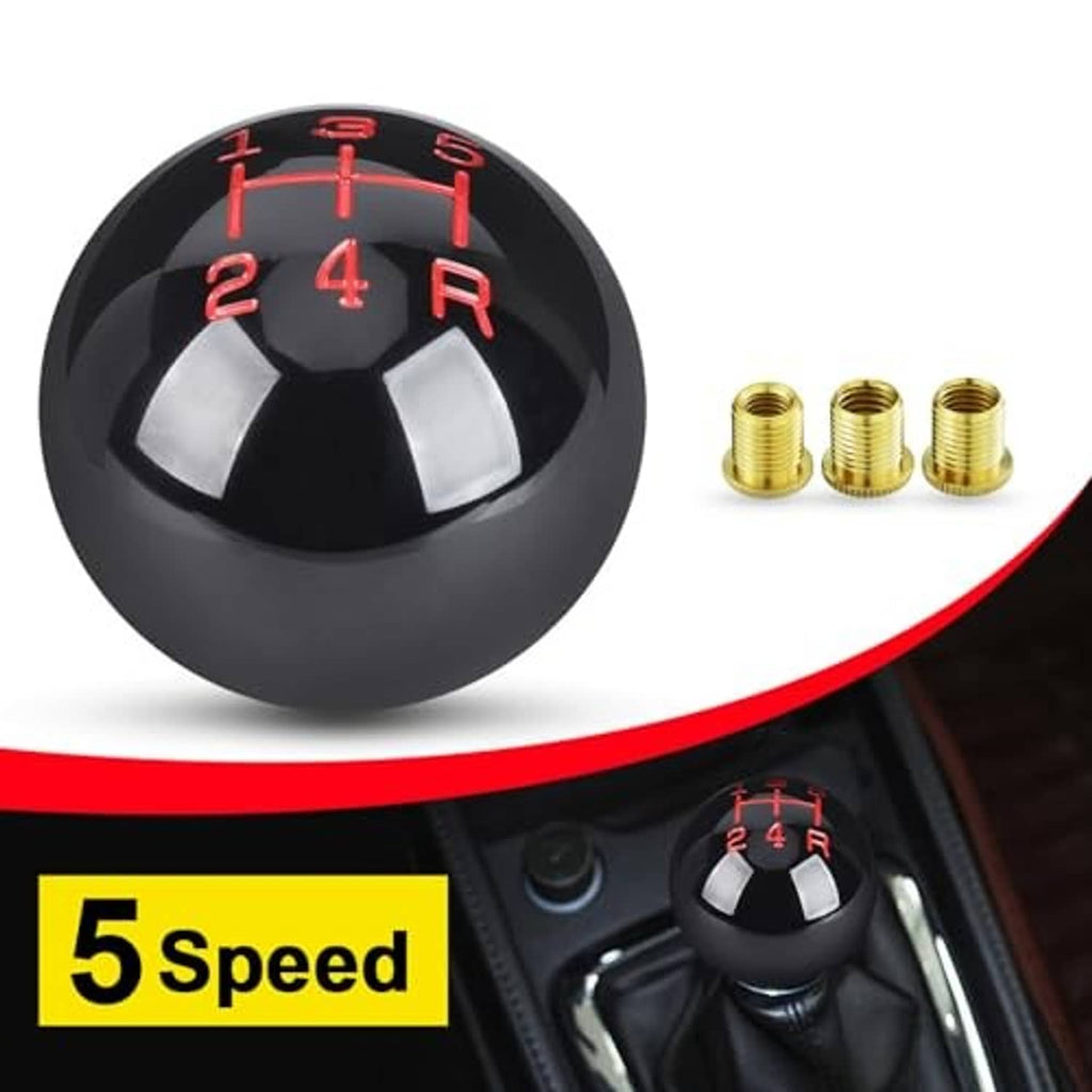 Black round resin gear shift knob with red 1–5 and R markings and brass fitting caps