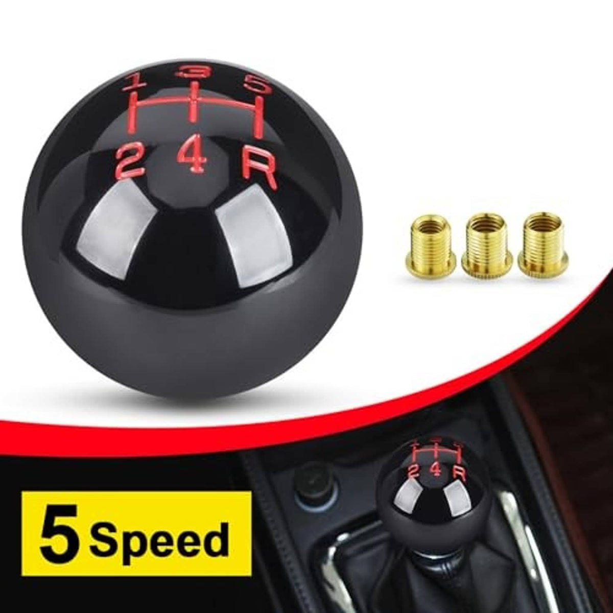 Black round resin gear shift knob with red 1–5 and R markings and brass fitting caps