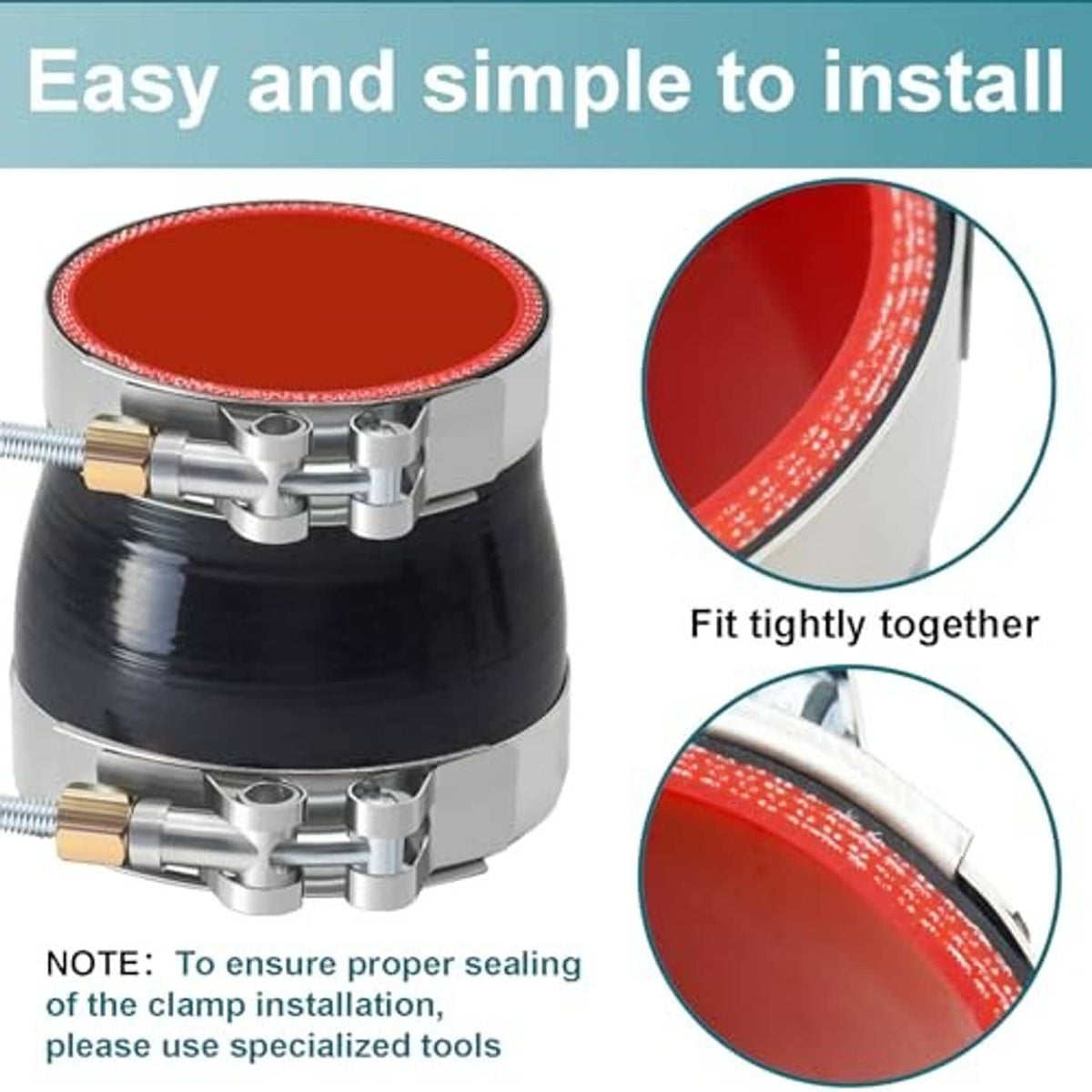 Black silicone hose coupler with silver clamps tightened over red-lined hose ends