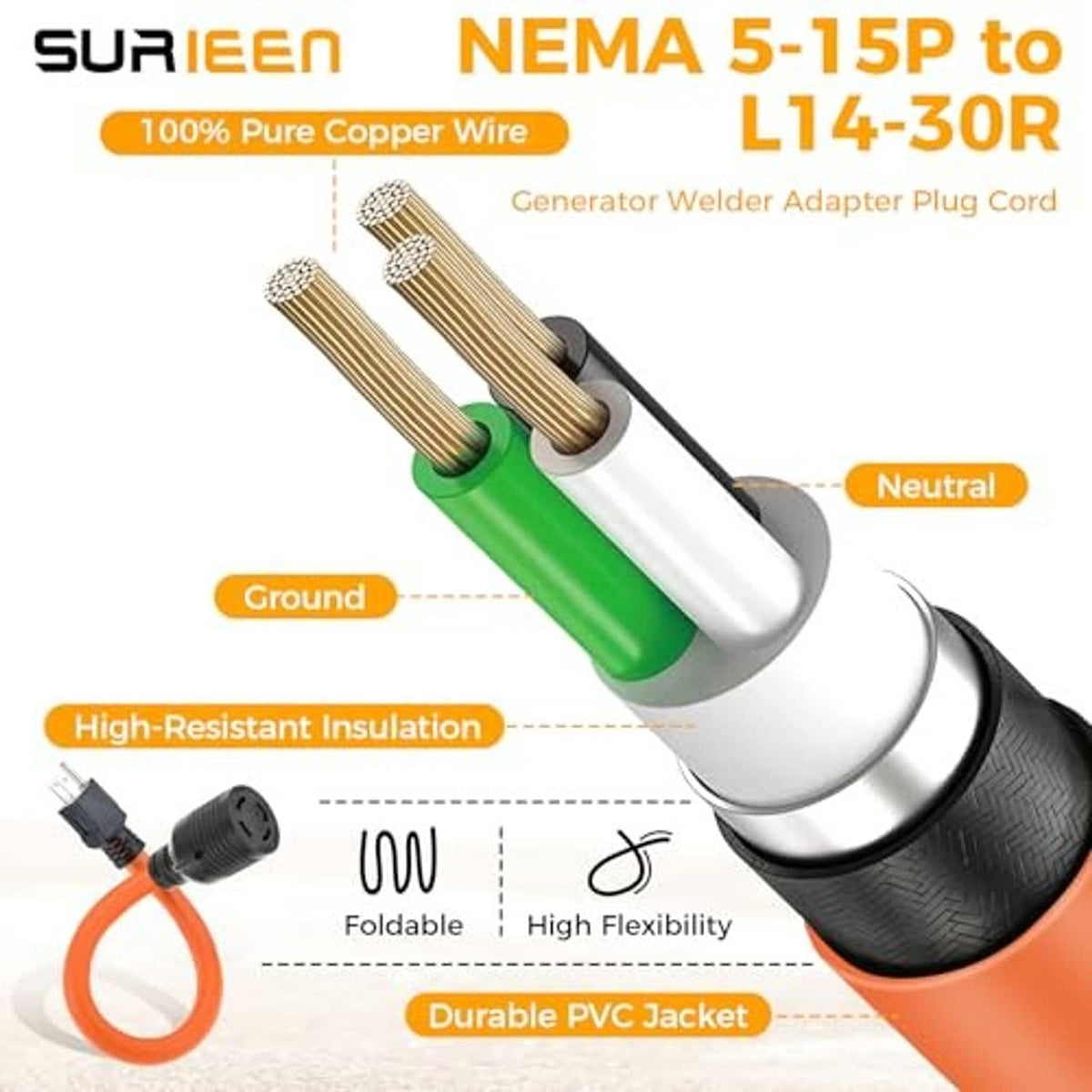 Weld adapter cord plug ends with insulated wires and orange PVC jacket