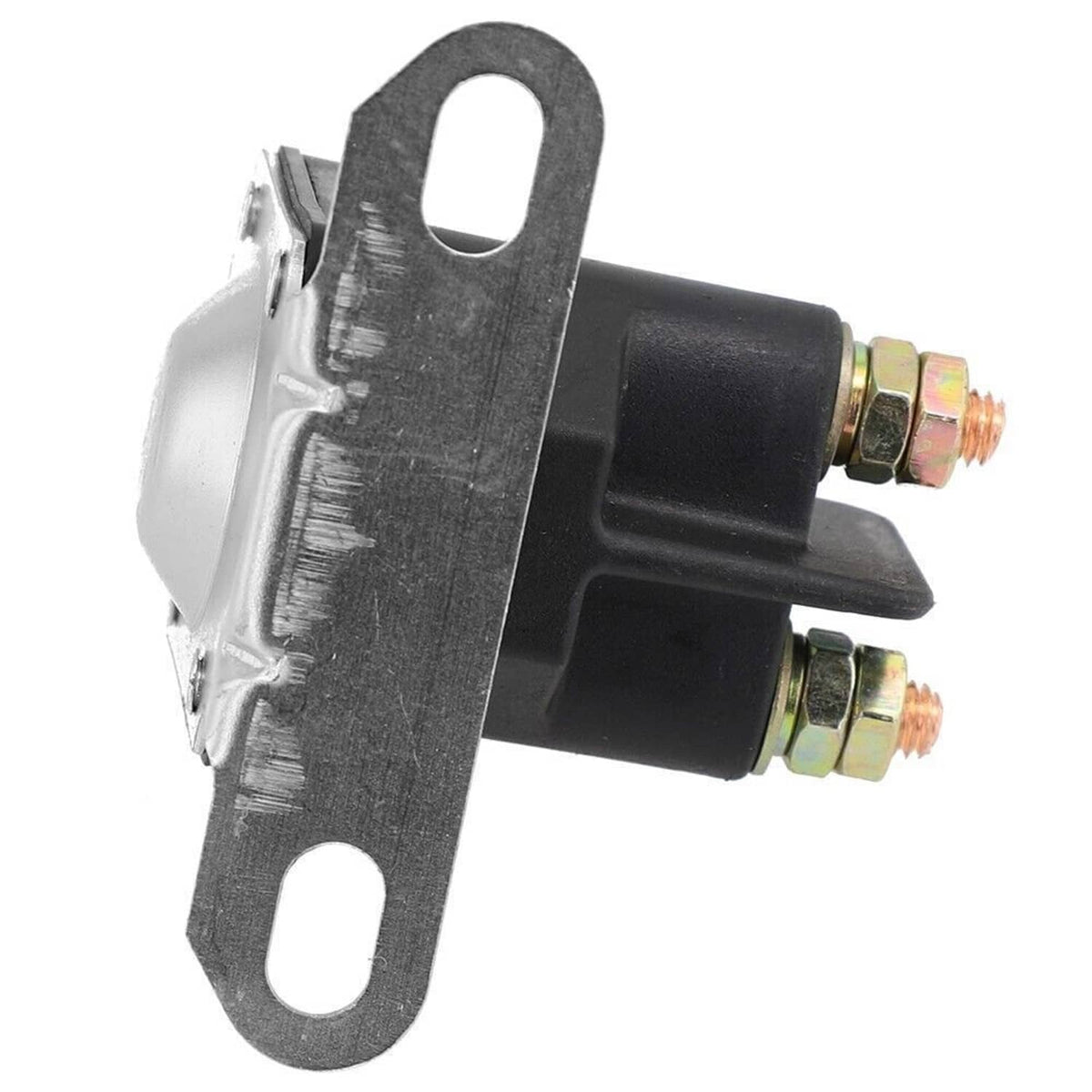Lawn mower starter solenoid with black cylinder, copper contact screws, and steel mounting strap