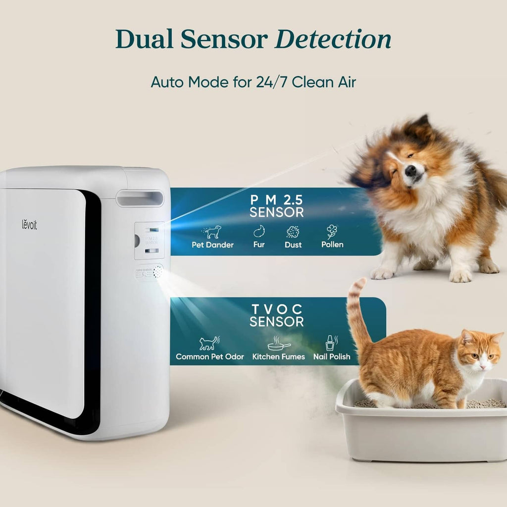 White LEVOIT air purifier with visible sensor panel on the side.