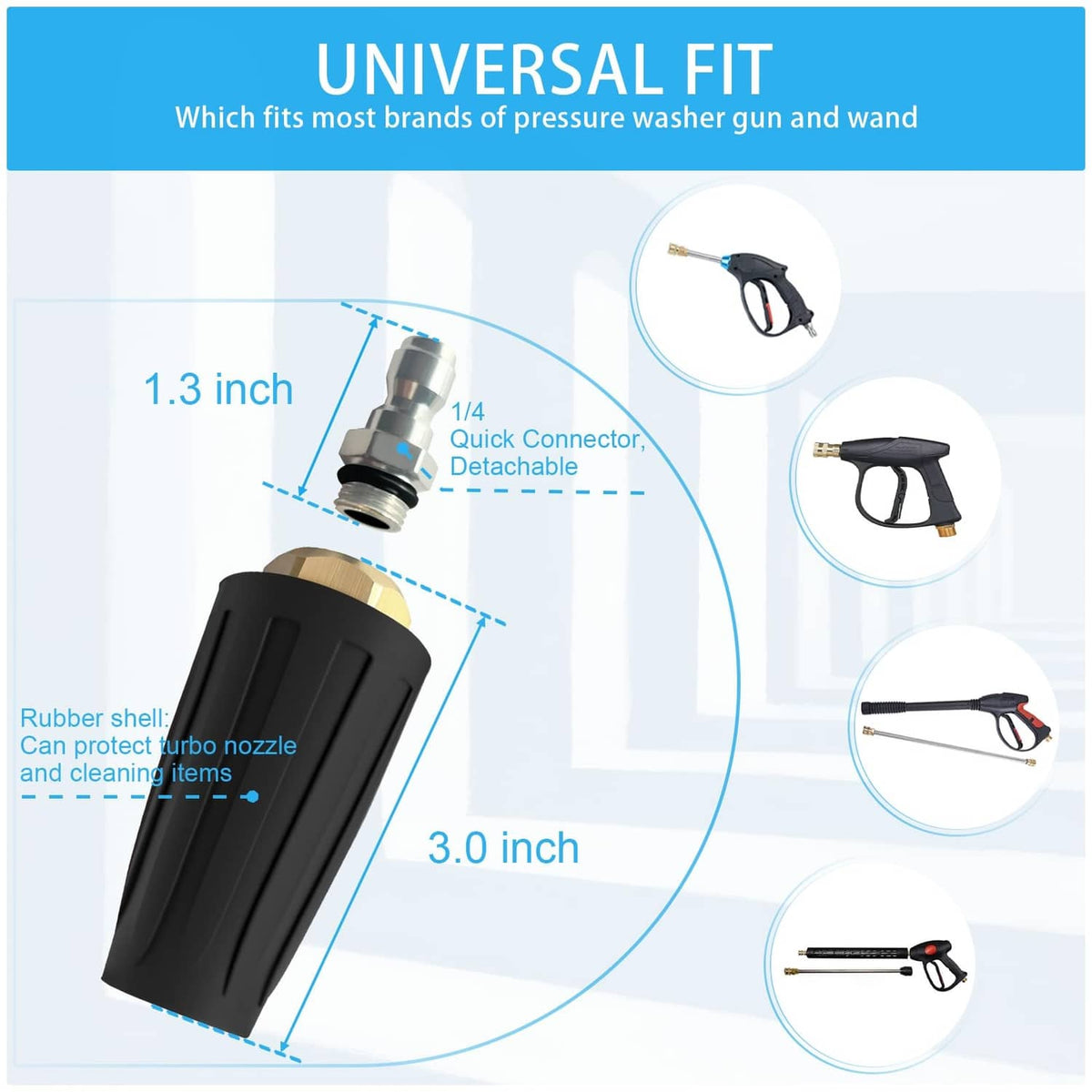 Black turbo nozzle tip with quick connector, shown in universal-fit size diagram
