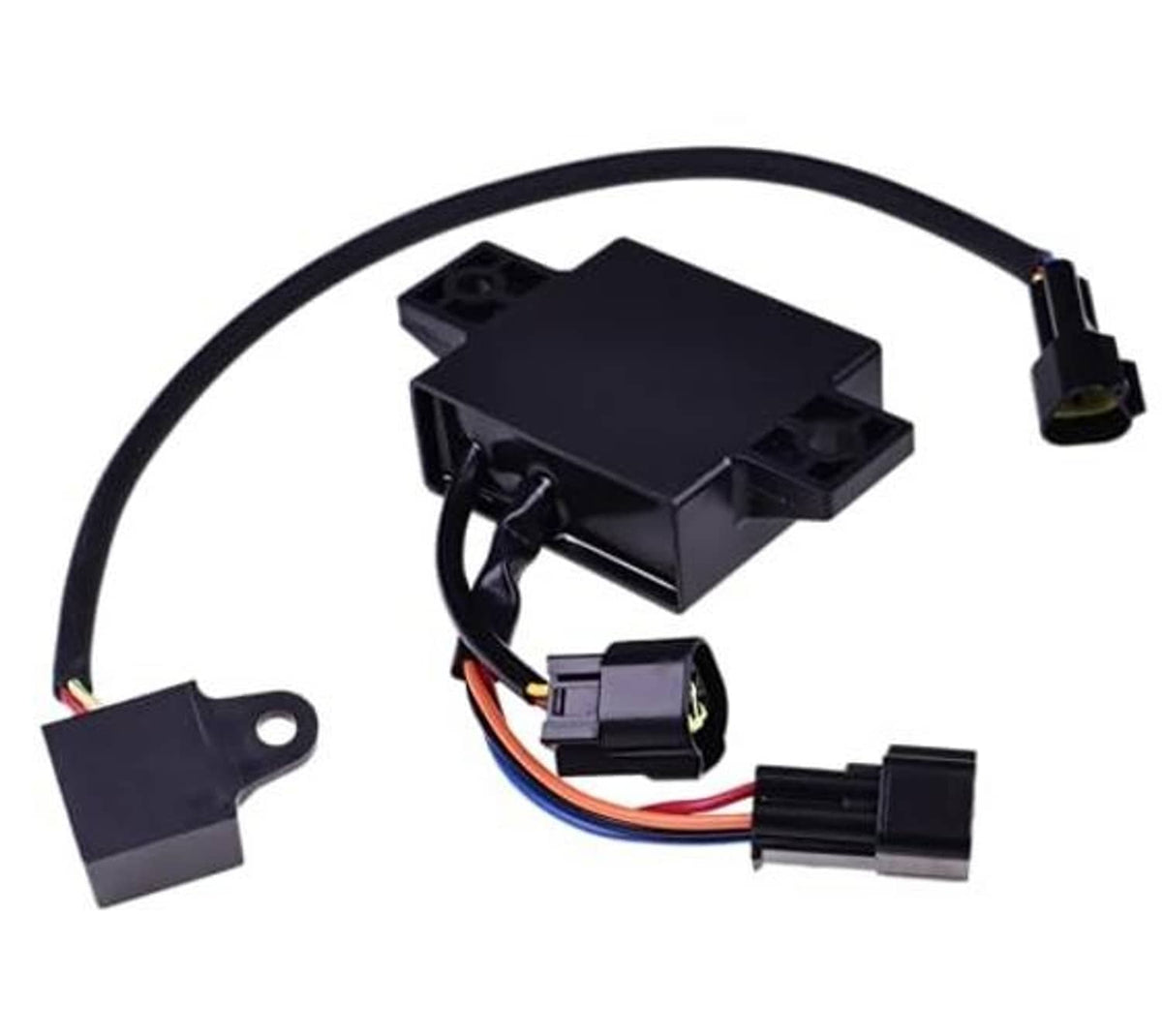 Ignition CDI box with black housing, connectors, and color-coded wire leads