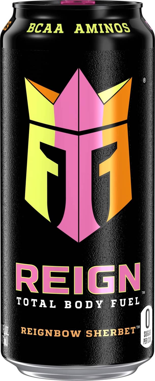 Reignbow Sherbet fitness drink can with bold Reign logo, BCAA Aminos