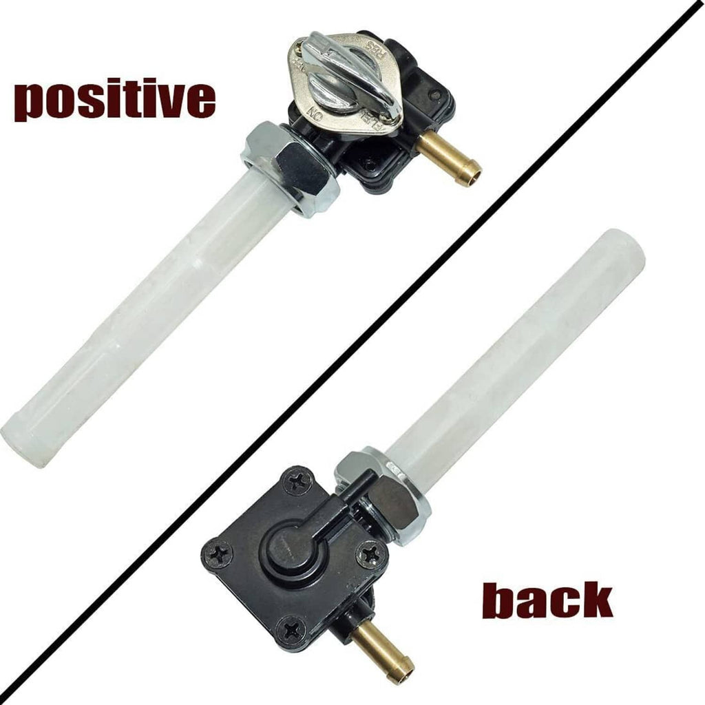 Fuel valve petcock with chrome lever, black body, clear tube, and brass outlet fitting.