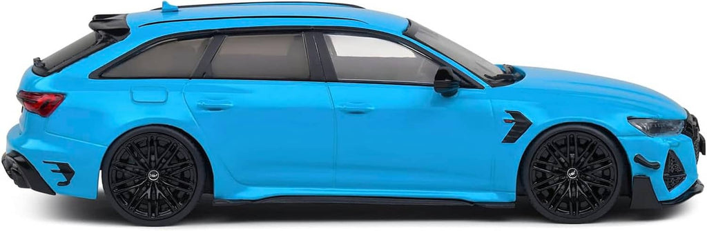 Blue ABT-tuned Audi RS6 die-cast model car, side profile view with black wheels