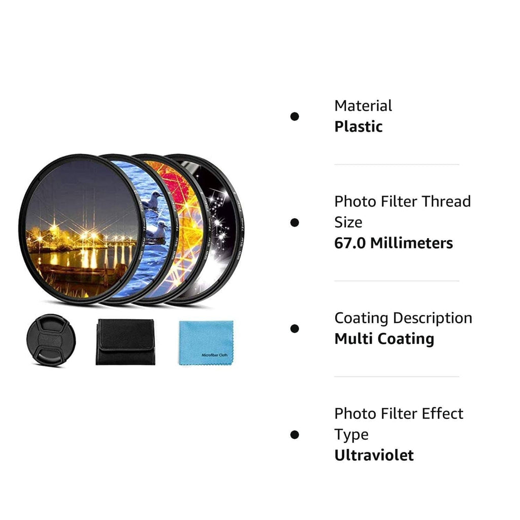 67mm star filter set with microfiber cloth and small protective cases, plus product specs