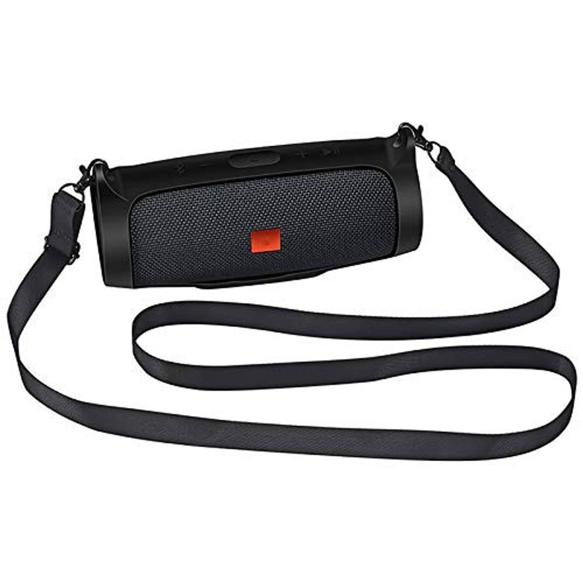 Black silicone protective sleeve for a portable Bluetooth speaker with shoulder strap