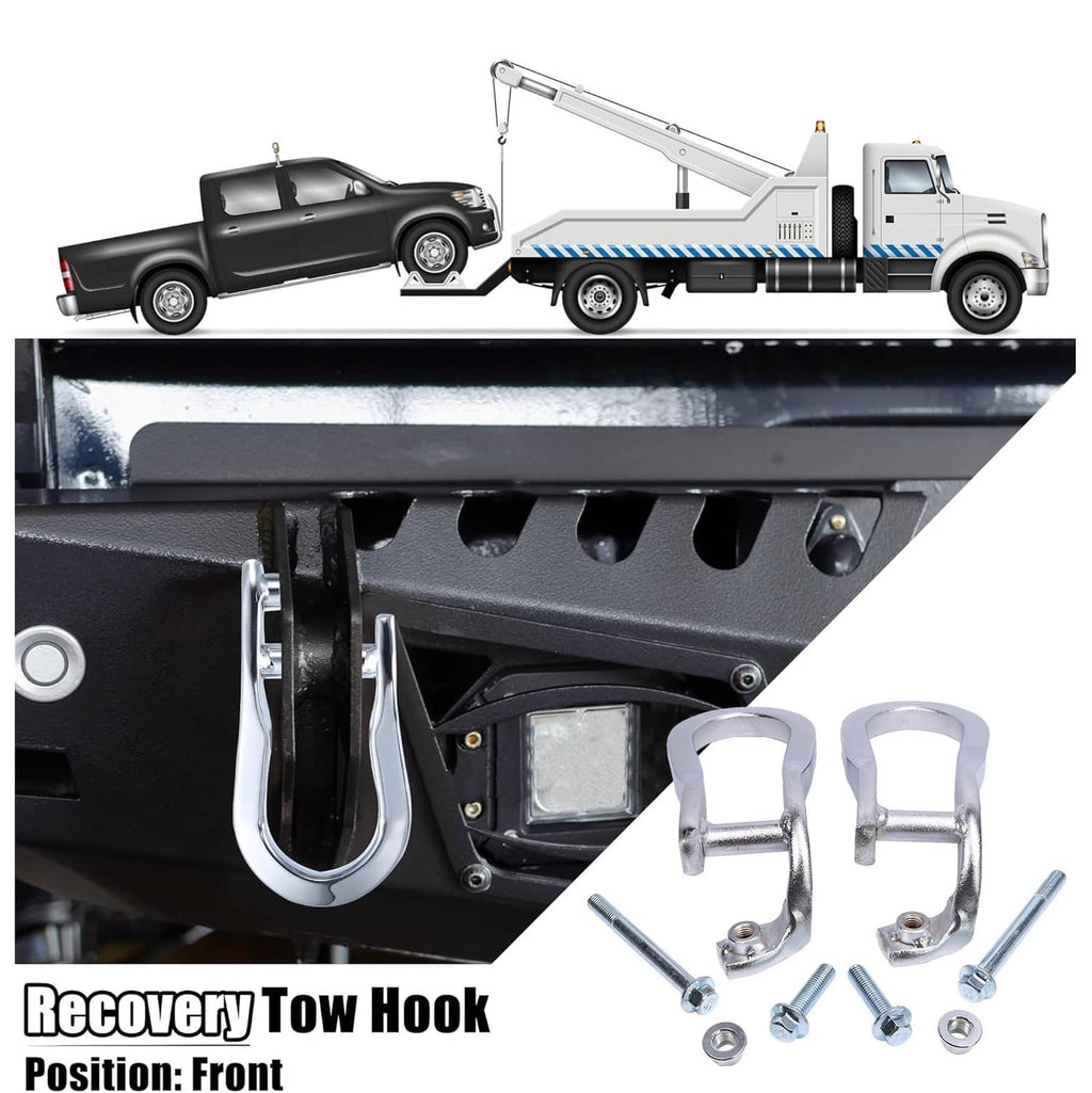 Chrome recovery tow hook kit shown with front hitch area mounting