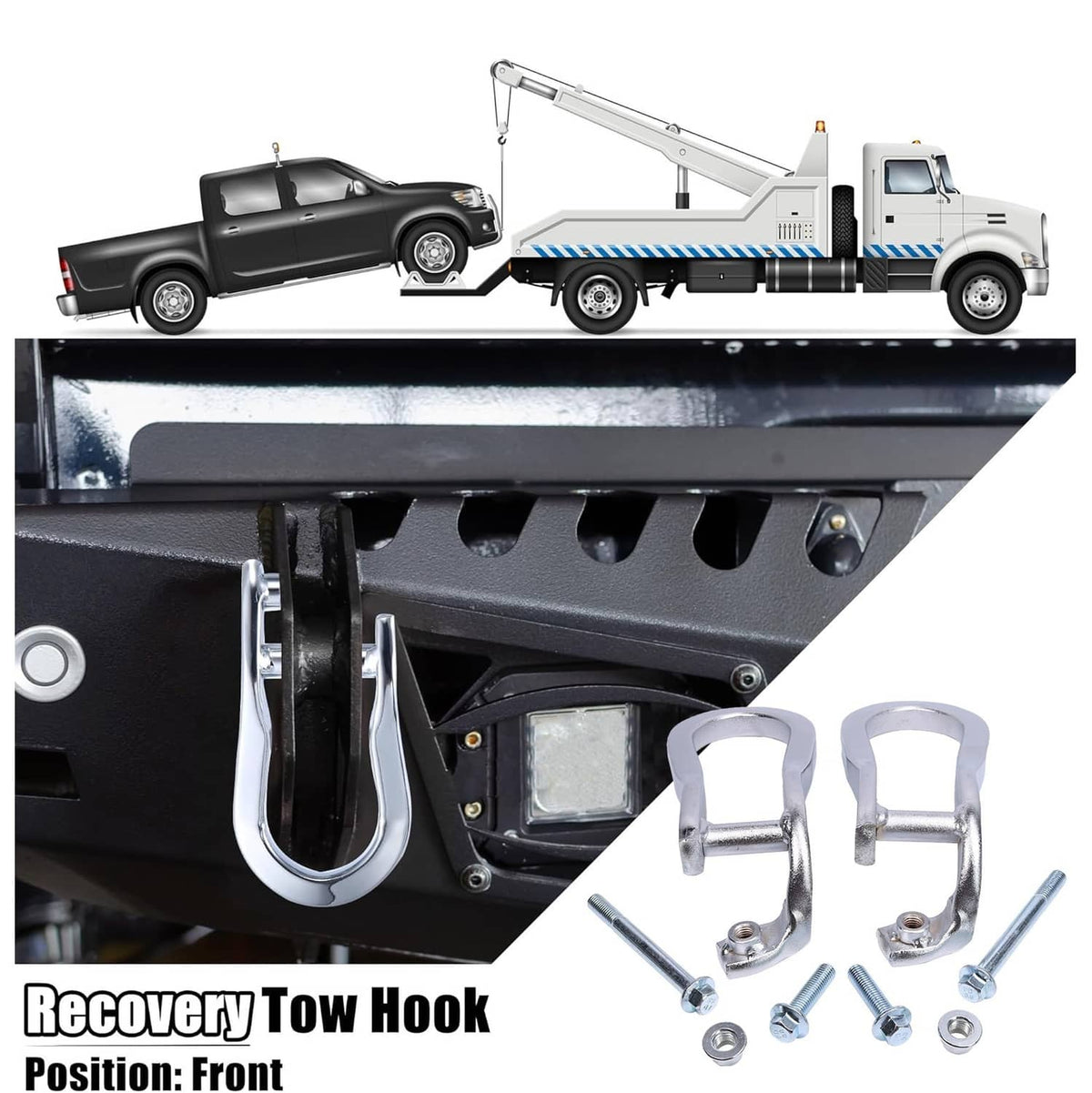 Chrome recovery tow hook kit shown with front hitch area mounting