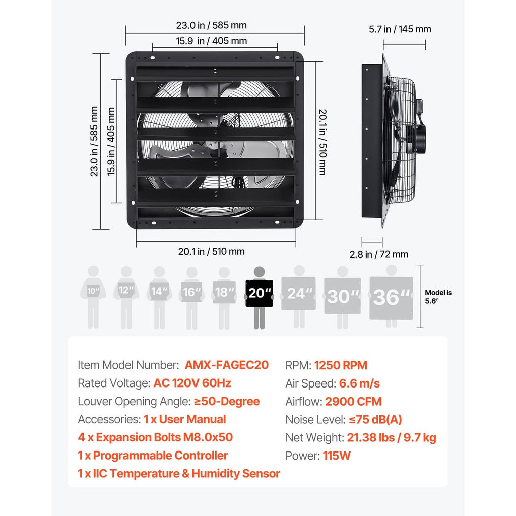 Wall-mounted shutter exhaust fan dimension diagram with front and side measurements