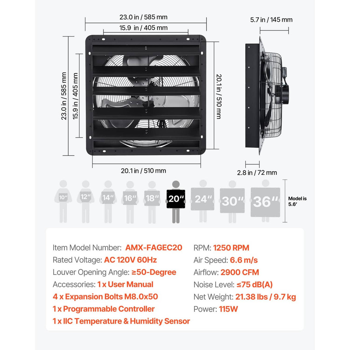Wall-mounted shutter exhaust fan dimension diagram with front and side measurements