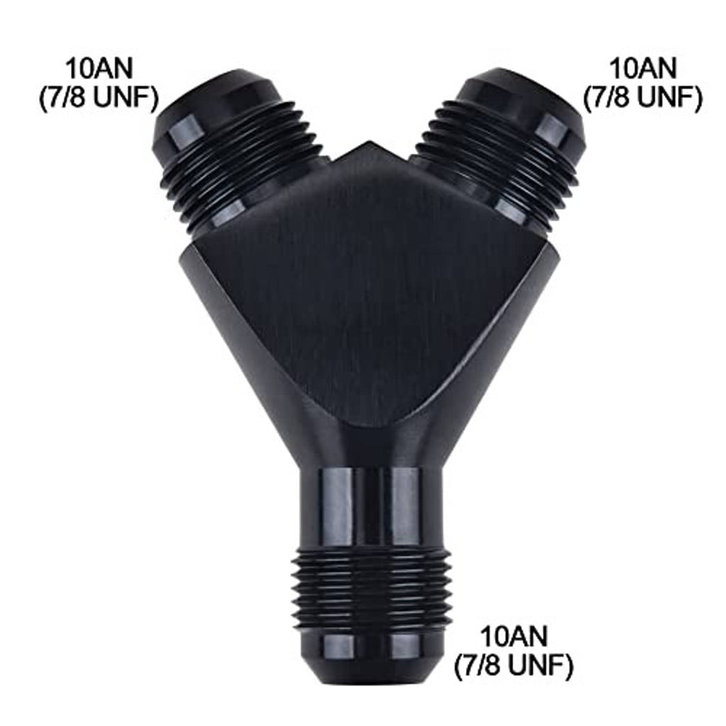 Black Y-shaped AN flare fitting adapter with three threaded ends