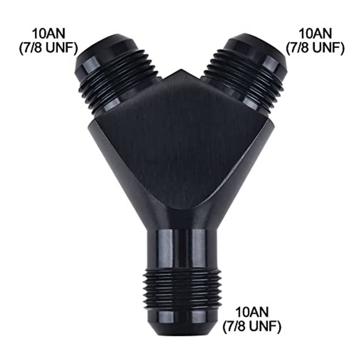 Black Y-shaped AN flare fitting adapter with three threaded ends