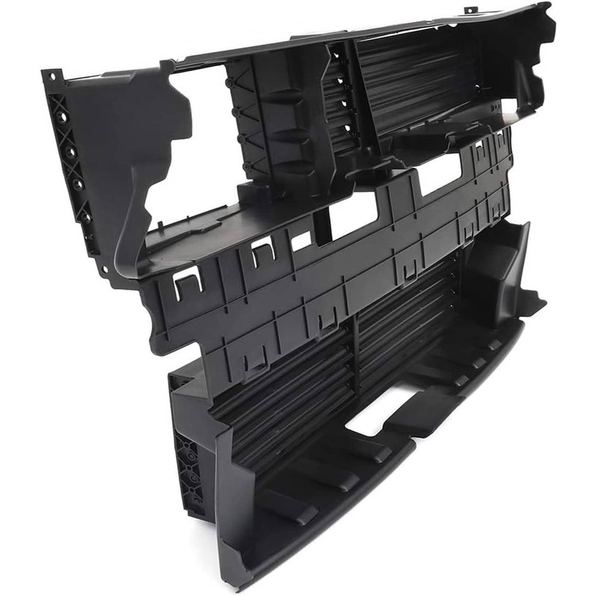 Black active grille shutter frame with louver panels and mounting brackets, detached view