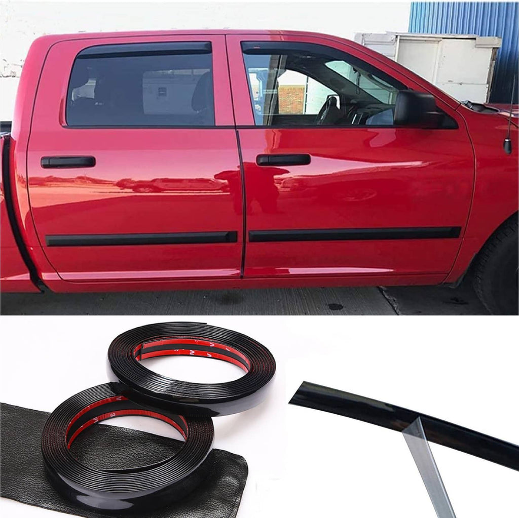 Glossy black automotive trim strips and coil on white with a red car door