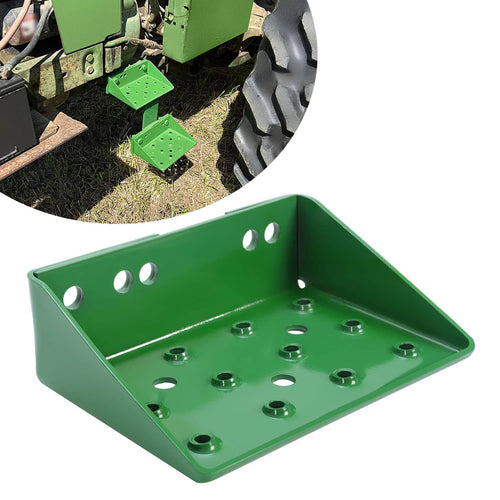 Green metal tractor side step plate with raised holes for traction