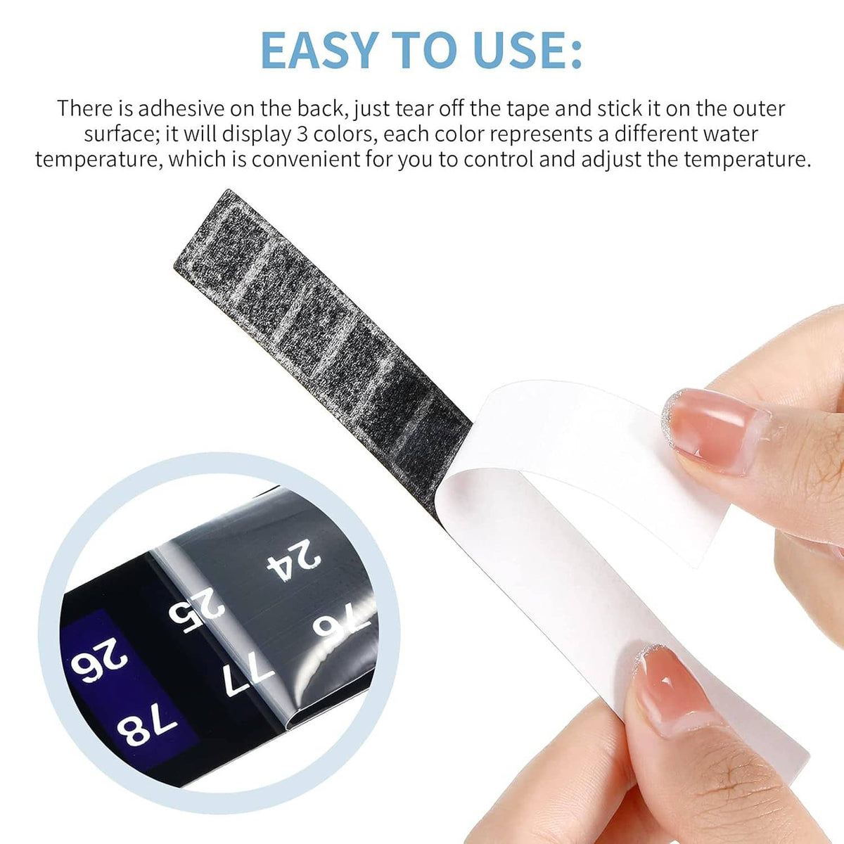 Black horizontal thermometer strip sticker being applied, showing °F and °C scale.