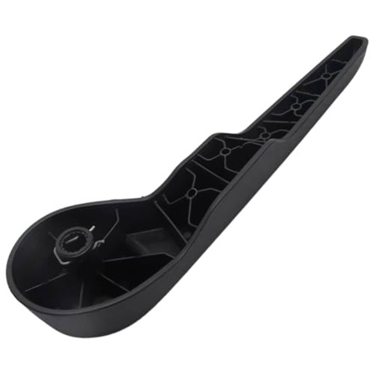Black seat recliner handle lever underside with mounting ribs and center post.