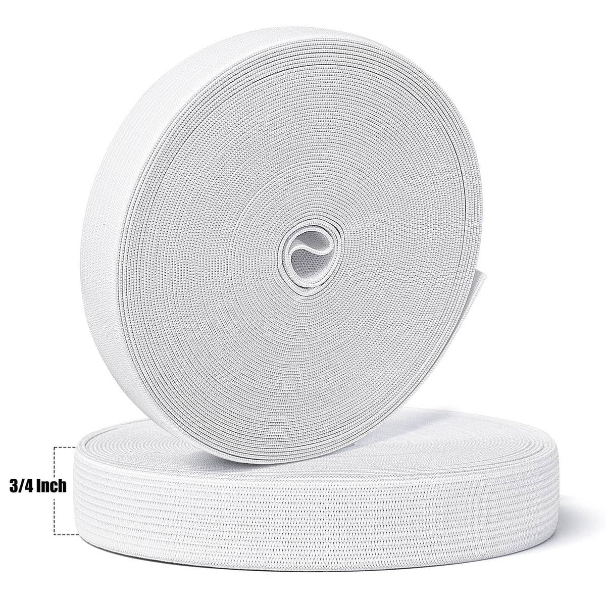 White 3/4 inch sewing elastic band on stacked rolls