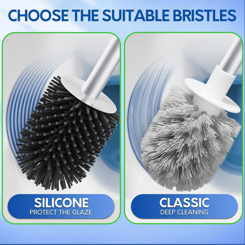 Toilet scrub brush heads with black silicone bristles and a white deep-clean brush