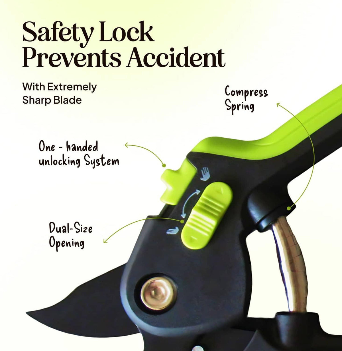 Close-up pruning shears handle showing safety lock and dual-size opening