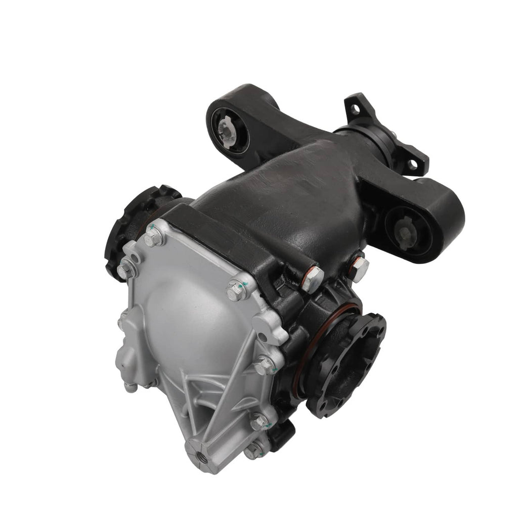 Rear differential carrier assembly, silver and black housing with axle flange and supports