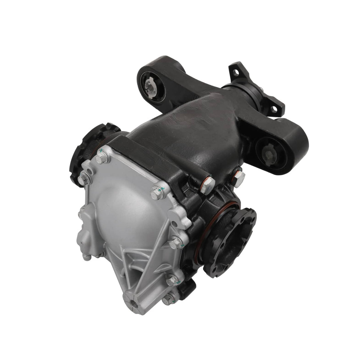 Rear differential carrier assembly, silver and black housing with axle flange and supports