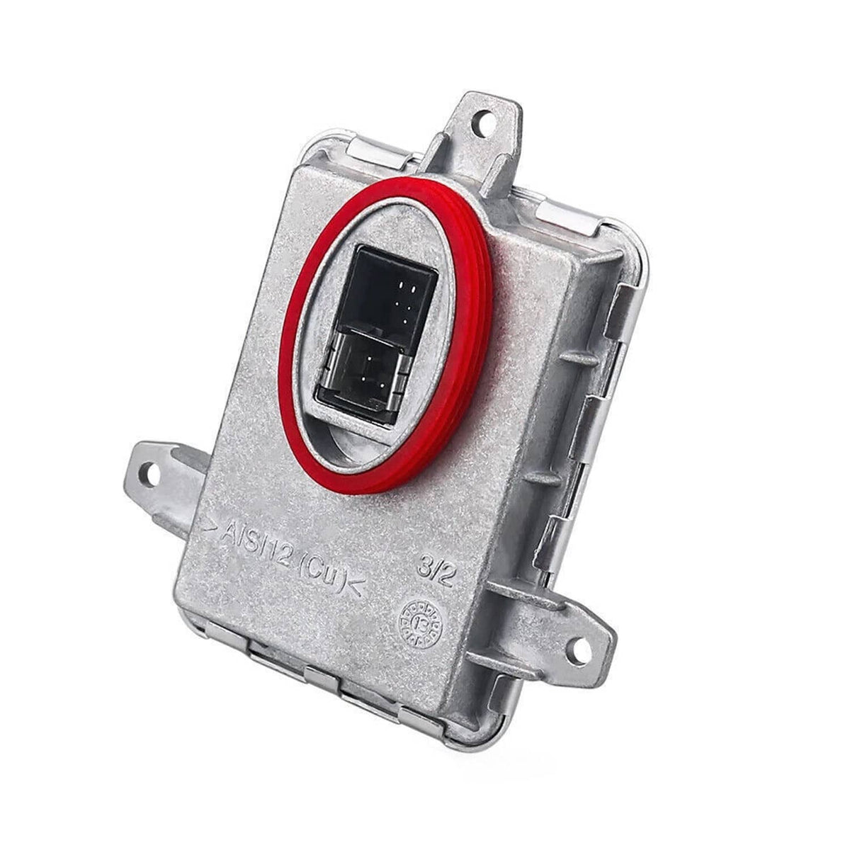 Xenon HID igniter module with oval connector window, red rim, and mounting brackets