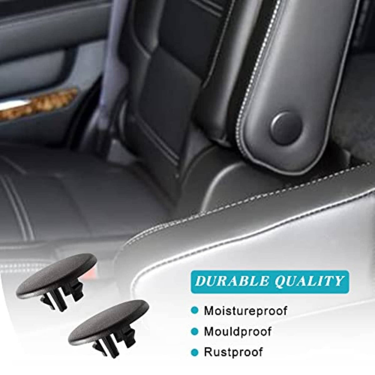 Black rear seat armrest cover cap attached to console, textured finish.
