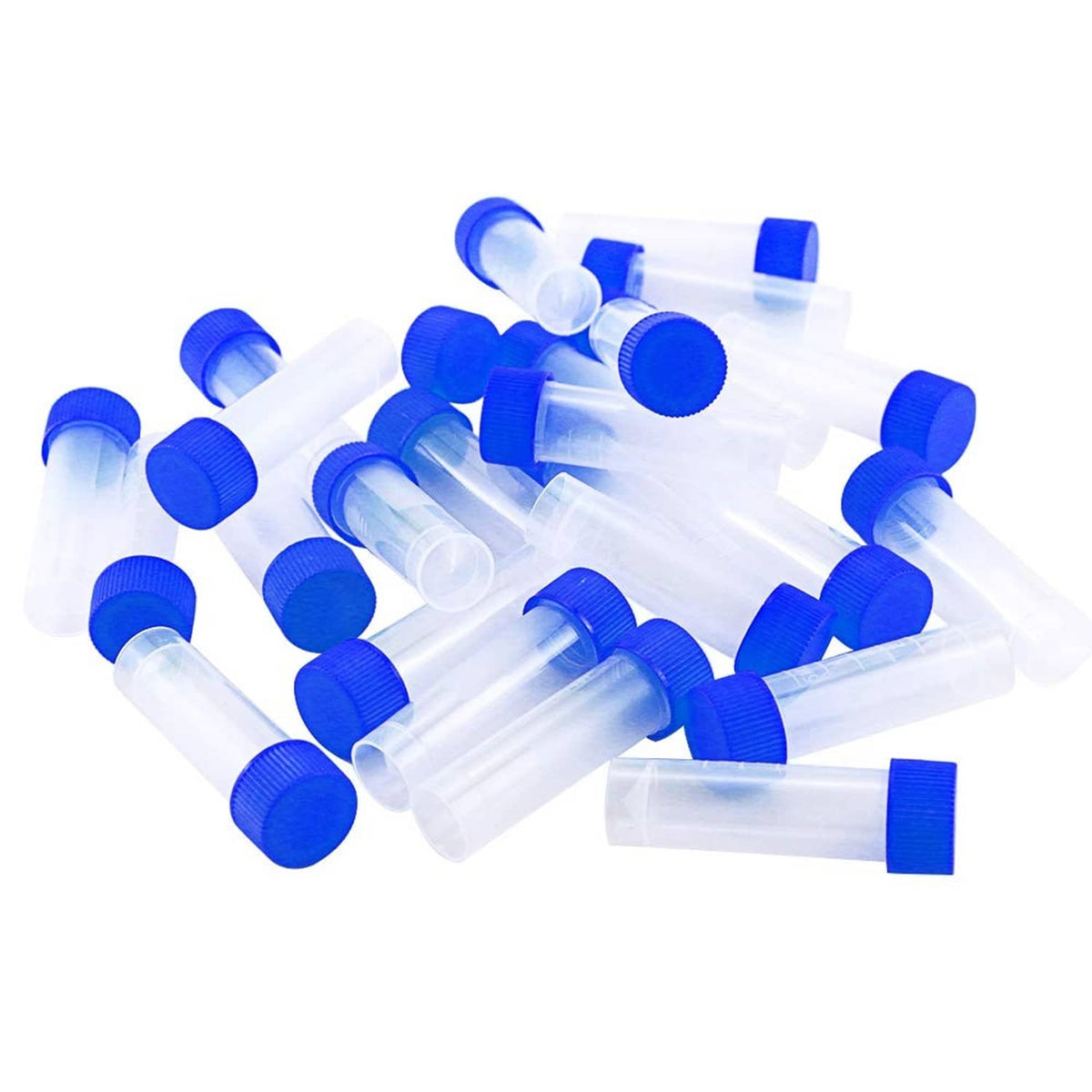 Assorted 5 ml plastic graduated vials with blue screw caps, loose set