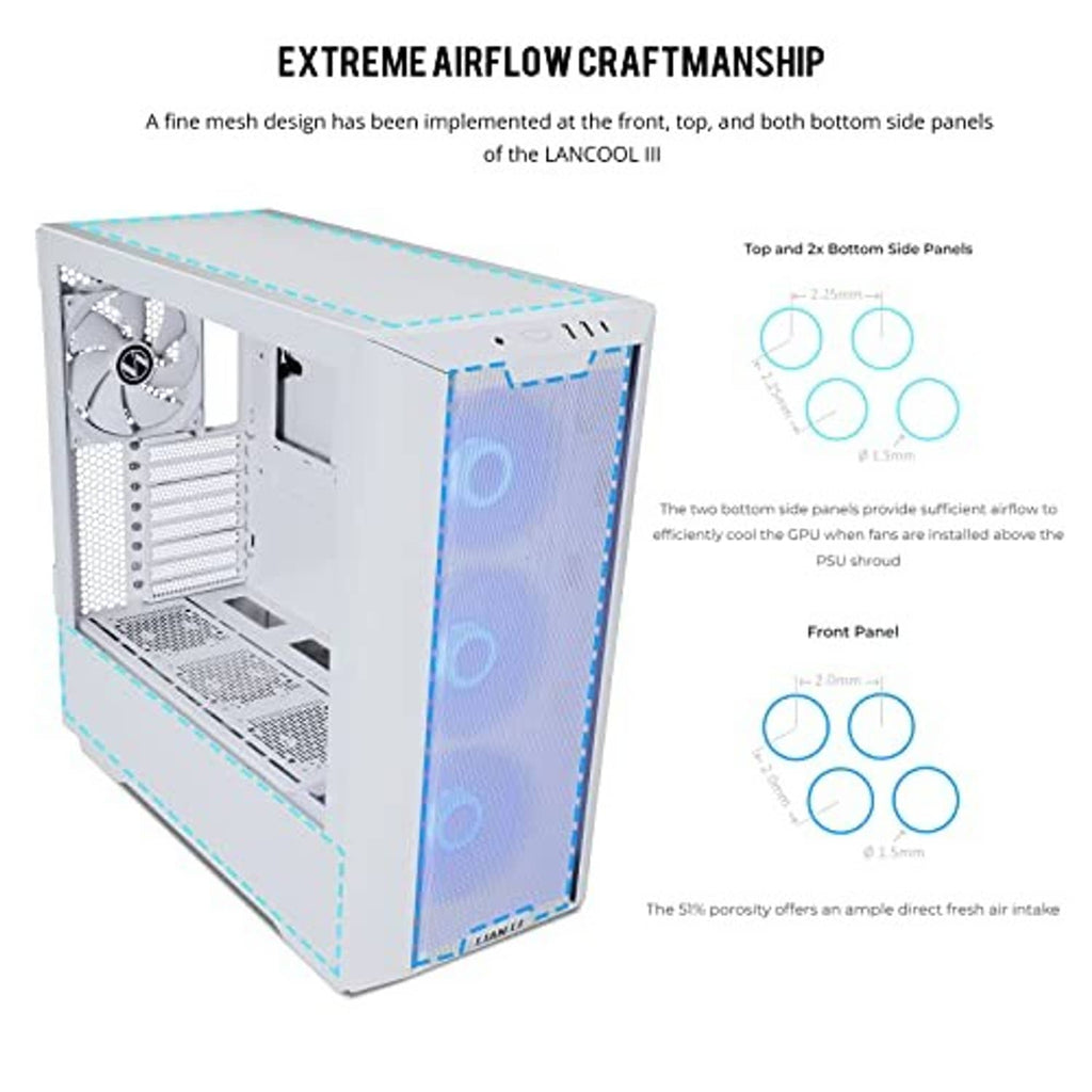 White LANCOOL III E-ATX PC case with front and top mesh panels and glowing RGB fan