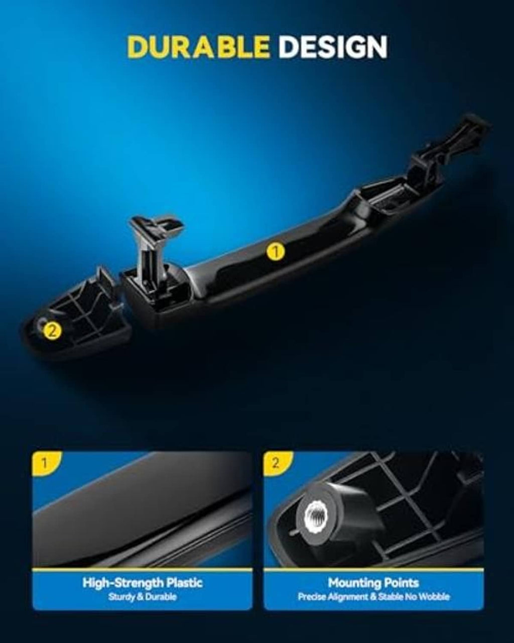 Black door handle bracket design with mounting points and high-strength plastic supports.