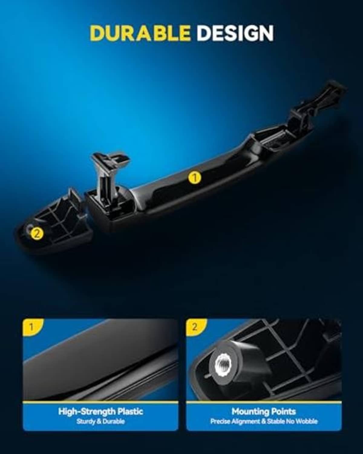 Black door handle bracket design with mounting points and high-strength plastic supports.